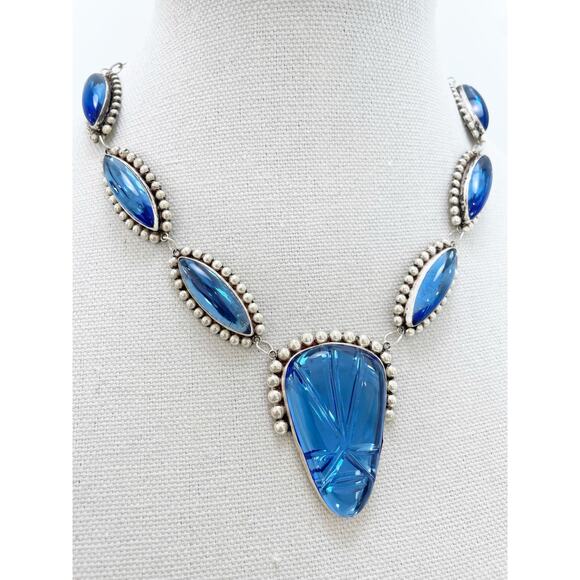 Hecho En Mexico Vintage Sterling Silver Blue Glass Statement Necklace - Picture 7 of 13
